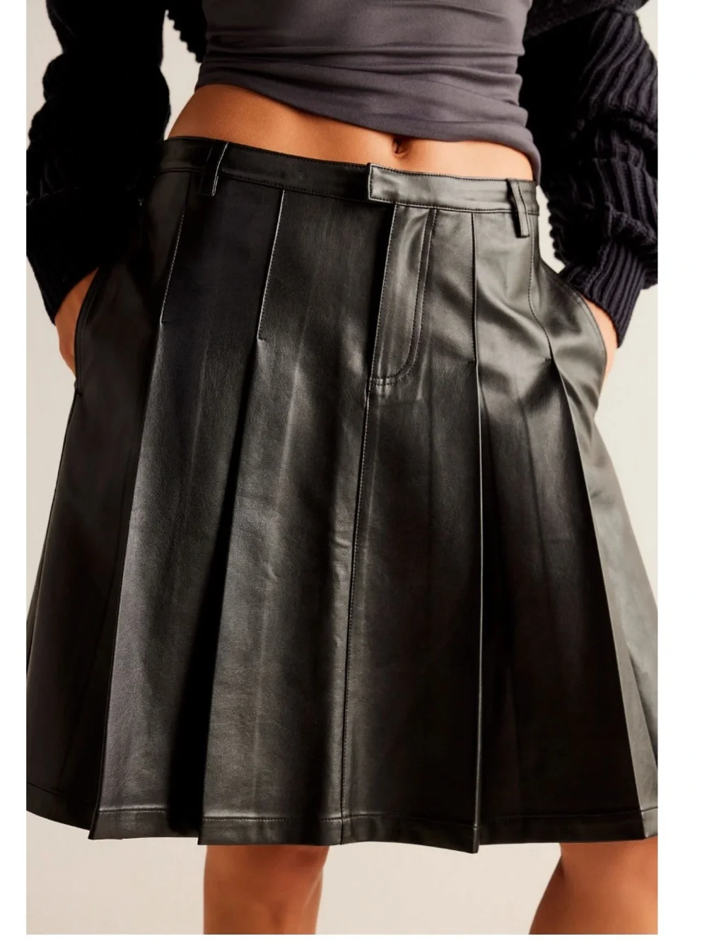 Free People Pleated Black Faux Leather A-Line Skirt 4 - Picture 4 of 5